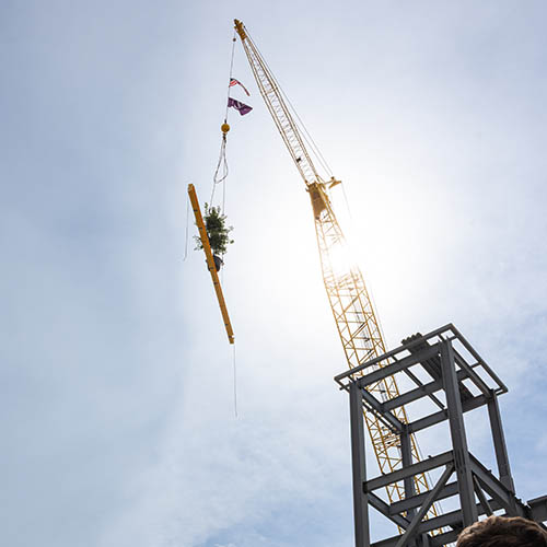 crane lifting beam on construction site with signatures and tree