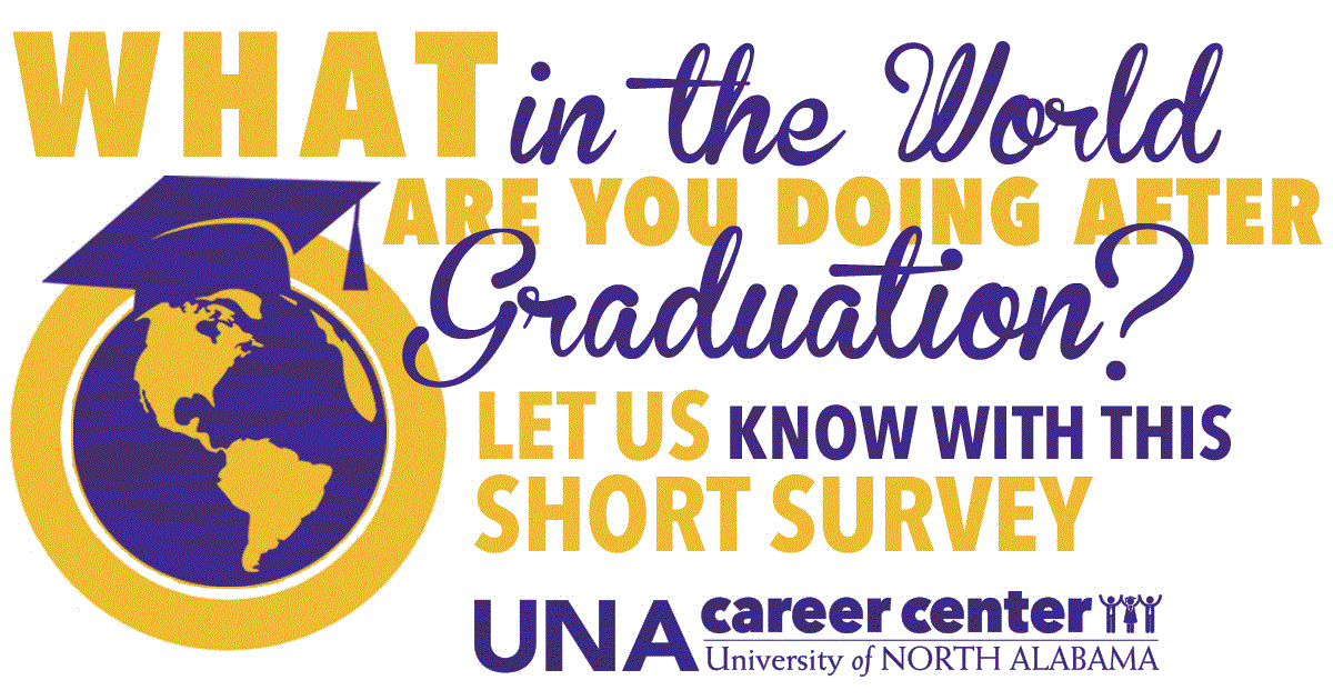What in the world are you doing after graduation? Let us know with this short survey. Image of UNA Career Center logo, Image of a globe wearing a graduation cap.