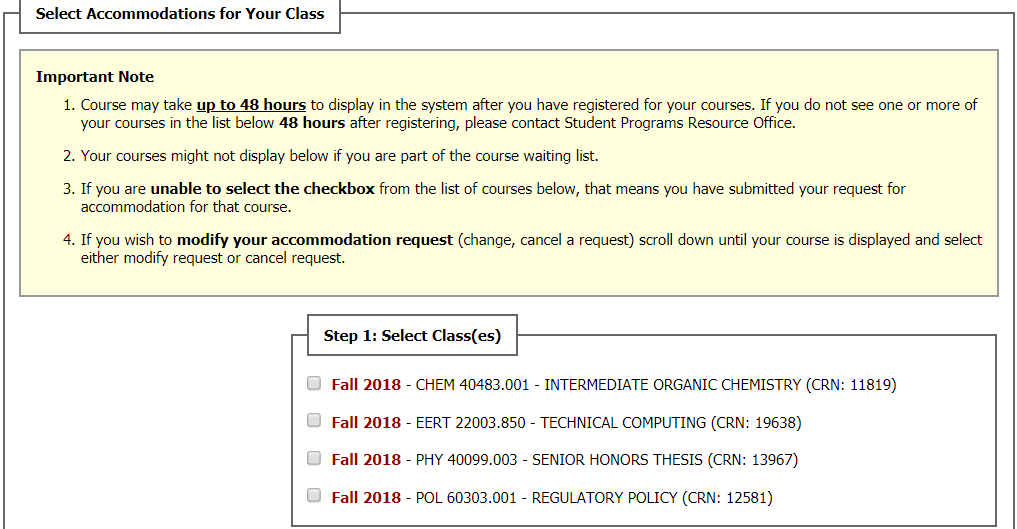 page in AIM with selecting courses for the semester