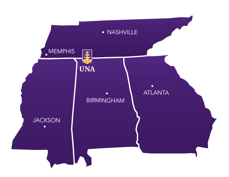 Regional map showing UNA's location in Florence, Alabama near Nashville, Memphis, Birmingham, Atlanta, and Jackson