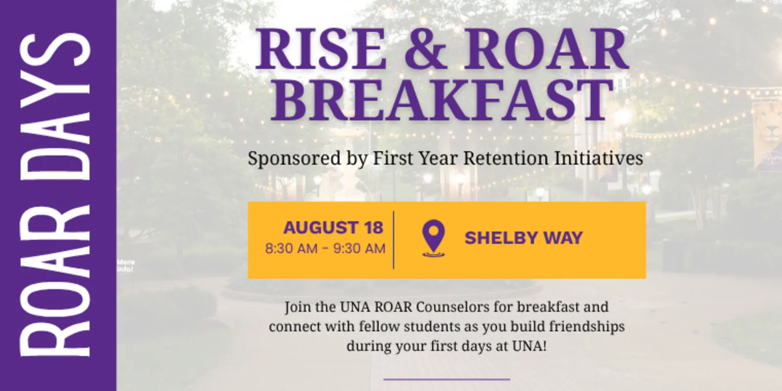 Rise & Roar Breakfast flyer: August 18, 8:30–9:30 AM, at Shelby Way.