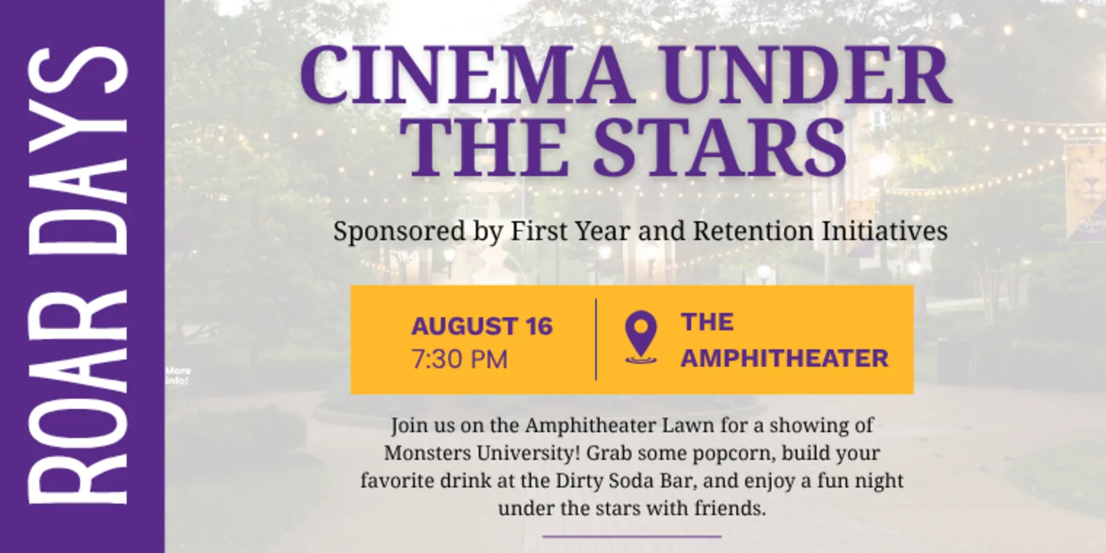 Cinema Under the Stars flyer: August 16, 7:30 PM, at the Amphitheater.