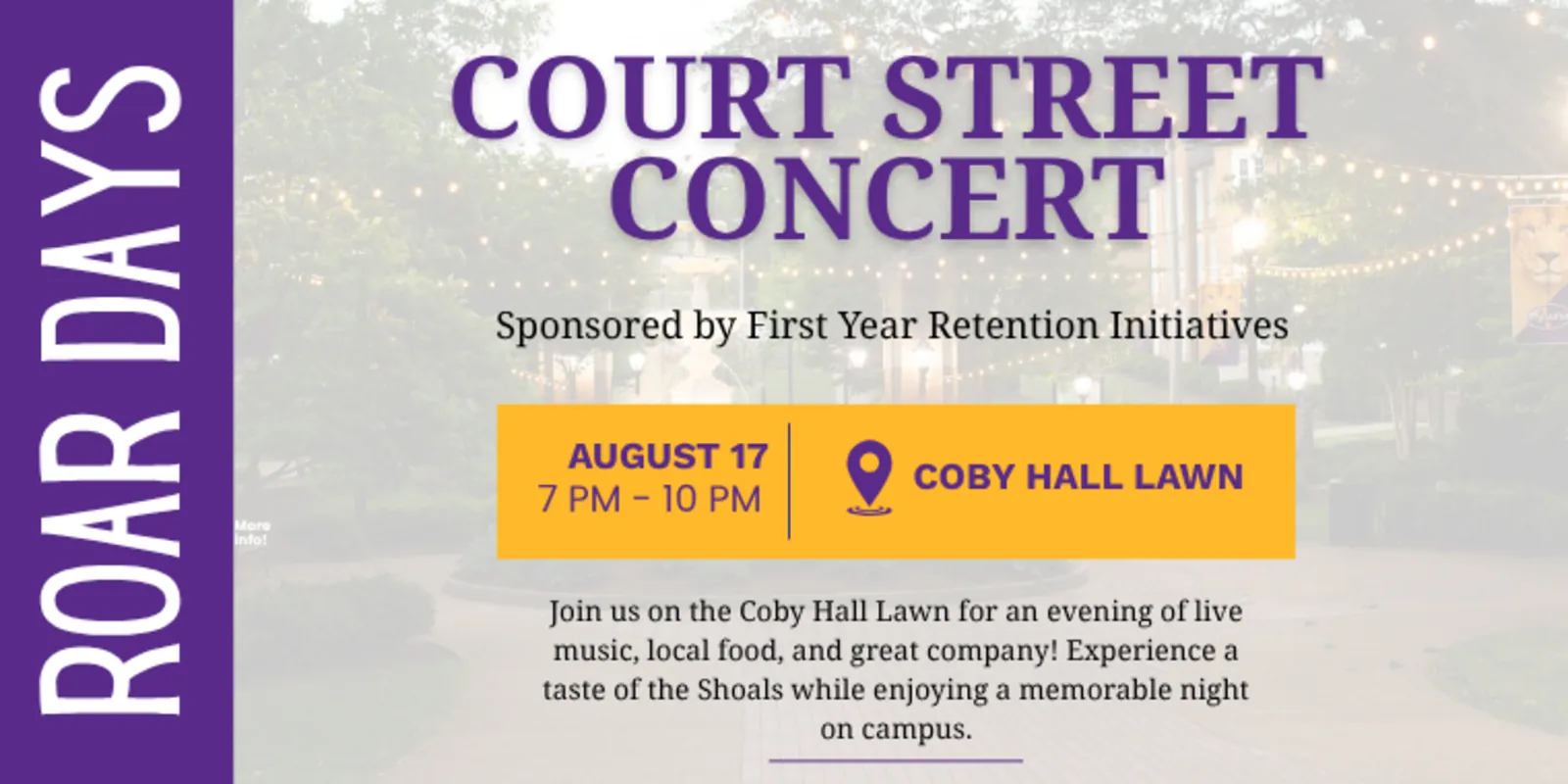 Court Street Concert flyer: August 17, 7–10 PM, at the Coby Hall Lawn.