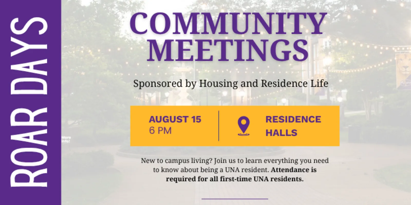 Community Meetings flyer: August 15, 6 PM, at the Residence Halls.