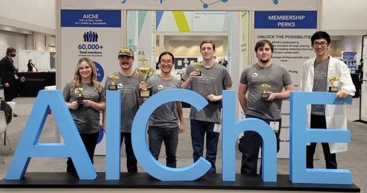 The UNA ChemE Car team poses with their trophies at the National ChemE Car Conference in Boston, Massachusetts.