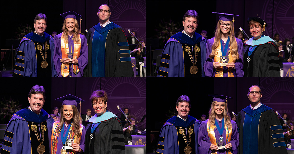 A collage of four pictures: First, President Kitts and Provost Ross Alexander with Keller Key recipient Morgan Ebert; second, the President, Vice President of Student Affairs Kim Greenway, and Turris Fidelis recipient Megan Cook; third, the President, Vice President Greenway, and Turris Fidelis recipient Madelyn Plowman, and; fourth, the President, Provost, and Keller Key recipient Alexia Hovater. All members are dressed in full commencement regalia.