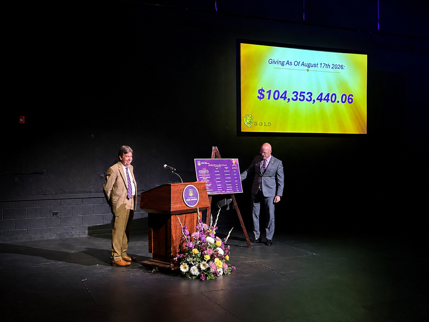 UNA President Dr. Ken Kitts, left, and Vice President for Advancement Kevin Haslam unveil they Shine On, Gold comprehensive campaign fundraising goal to-date, which has exceeded it's $100 million goal.