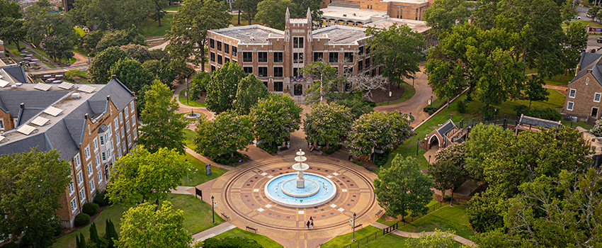 photo of campus fountain from a flying drone