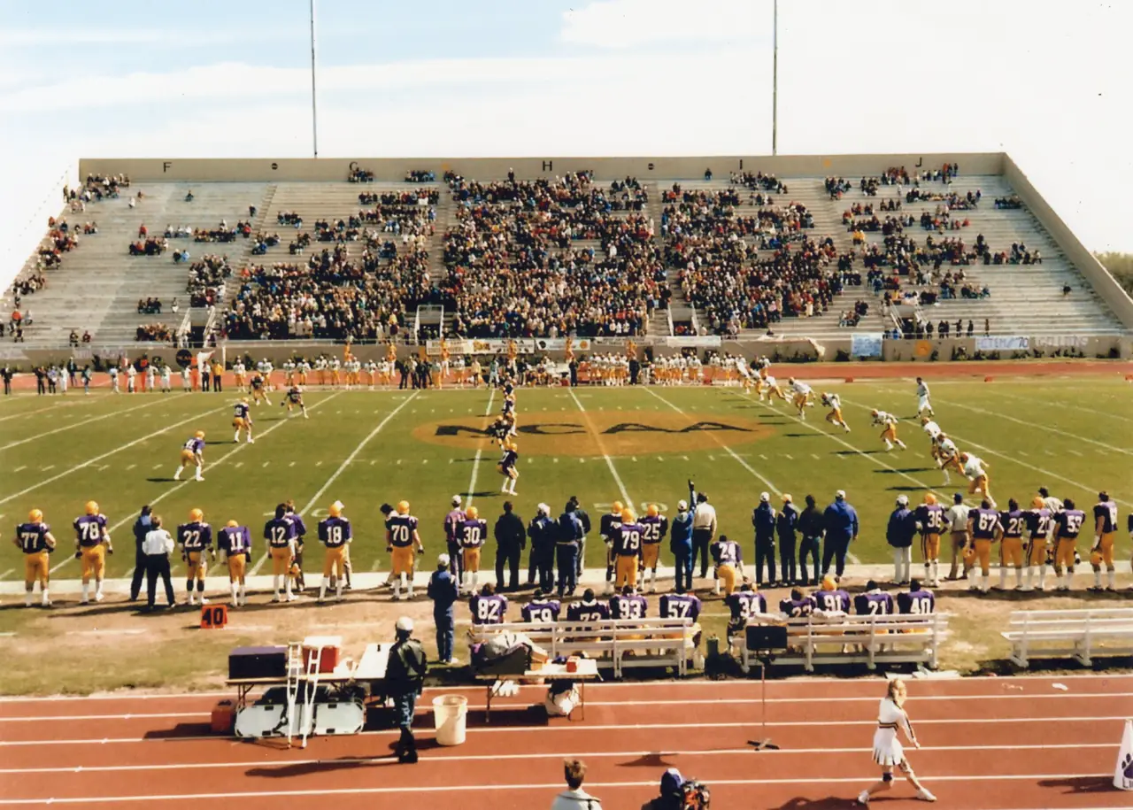 A football game at Braly Stadium, with the Lions in purple and gold along the sideline, NCAA painted at midfield and a crowd in the stands