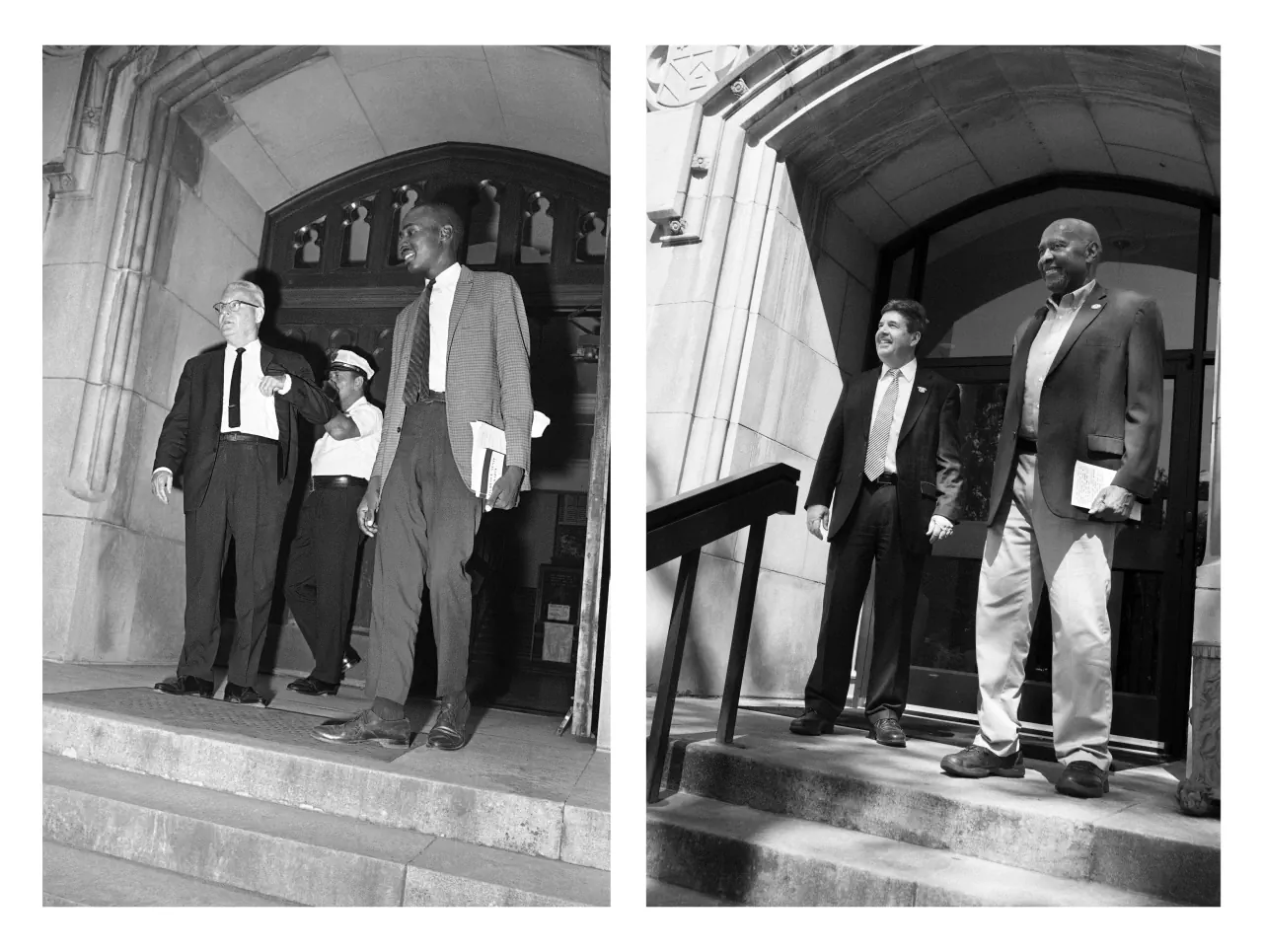 Two photographs side by side of the same doorway sixty years apart: in 1963 Wendell Gunn walks out in a suit carrying books, and in 2023 he walks out of the same door again
