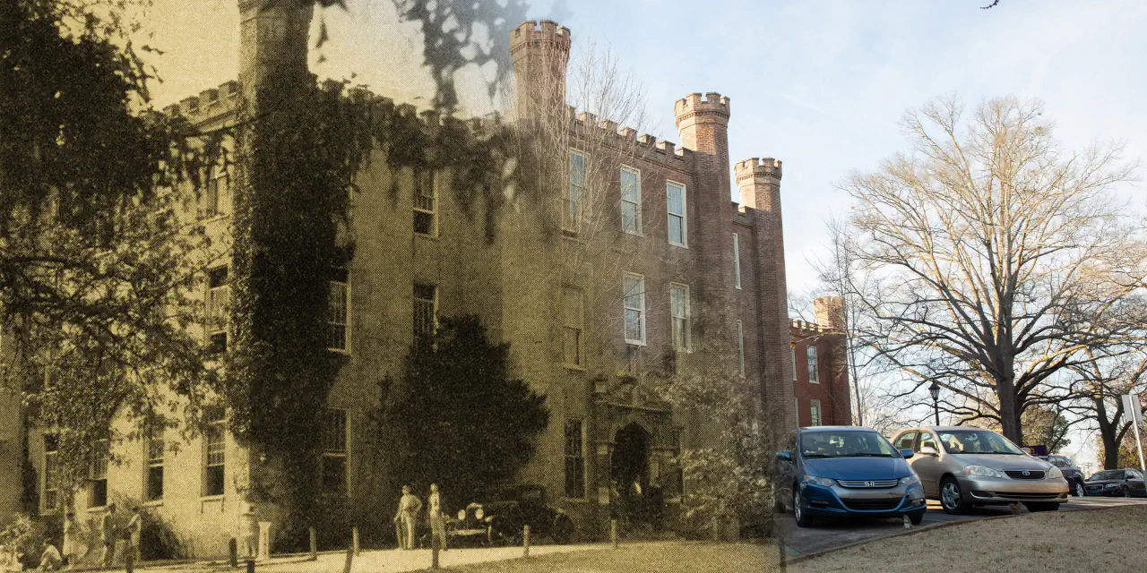 Wesleyan Hall then and now, blended in one frame: an ivy-covered sepia photograph on the left giving way to the same building today in colour, cars parked along the street