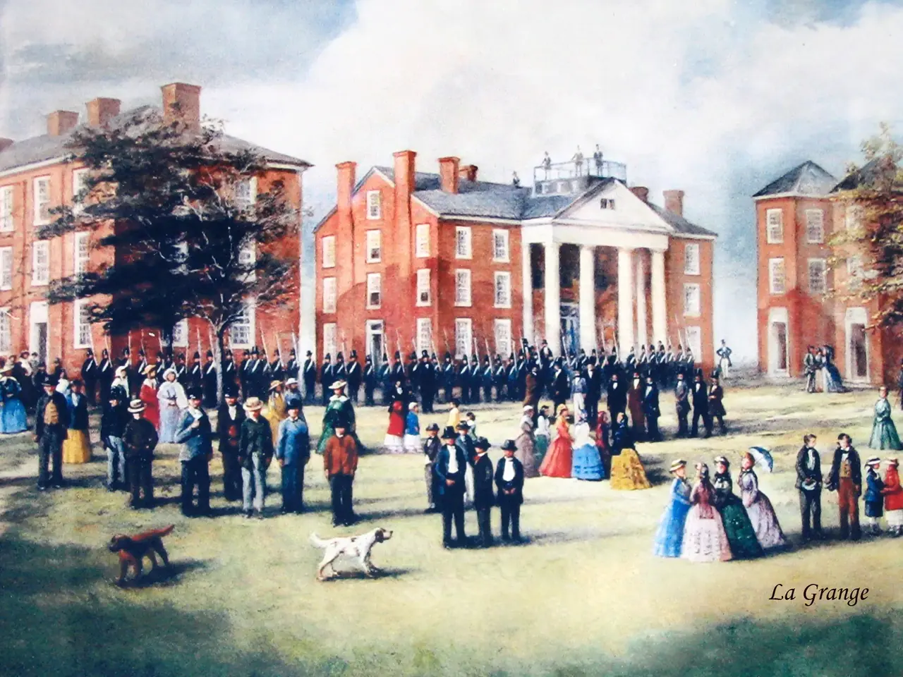 Painting of LaGrange College, with cadets in formation on the lawn before its brick buildings